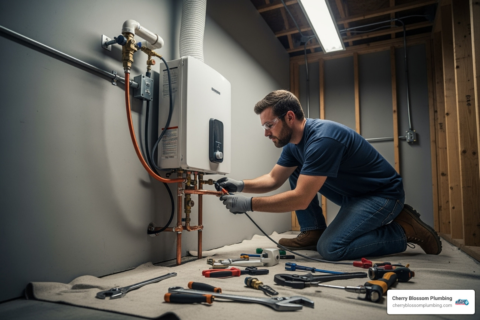 Professional plumber installing a tankless water heater, showing careful connection of pipes and venting - tankless water heater options