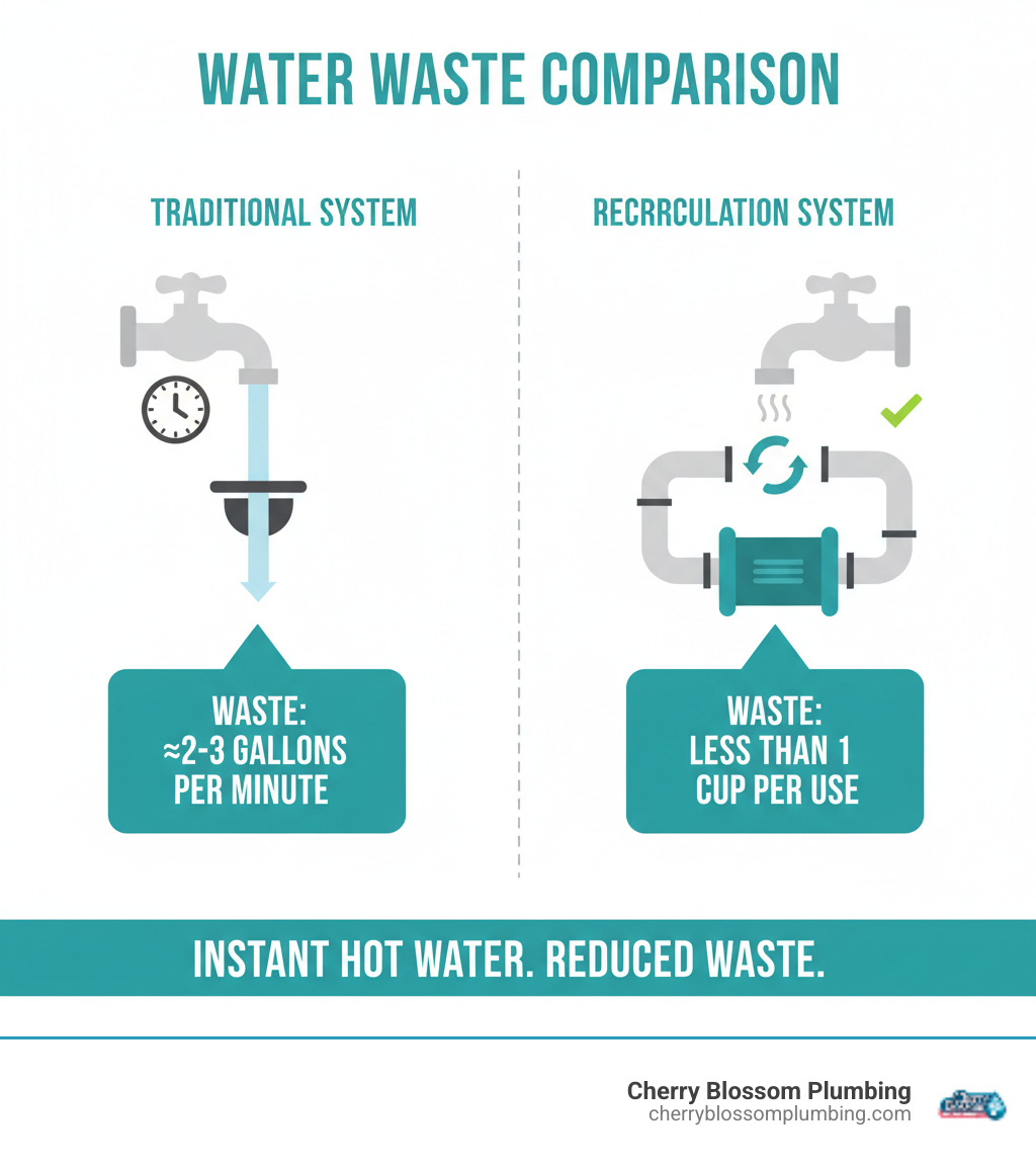 Infographic showing water waste comparison: traditional system with water running down drain while waiting for hot water versus recirculation system with closed-loop hot water circulation delivering instant hot water at fixtures - Hot water recirculation pump infographic 