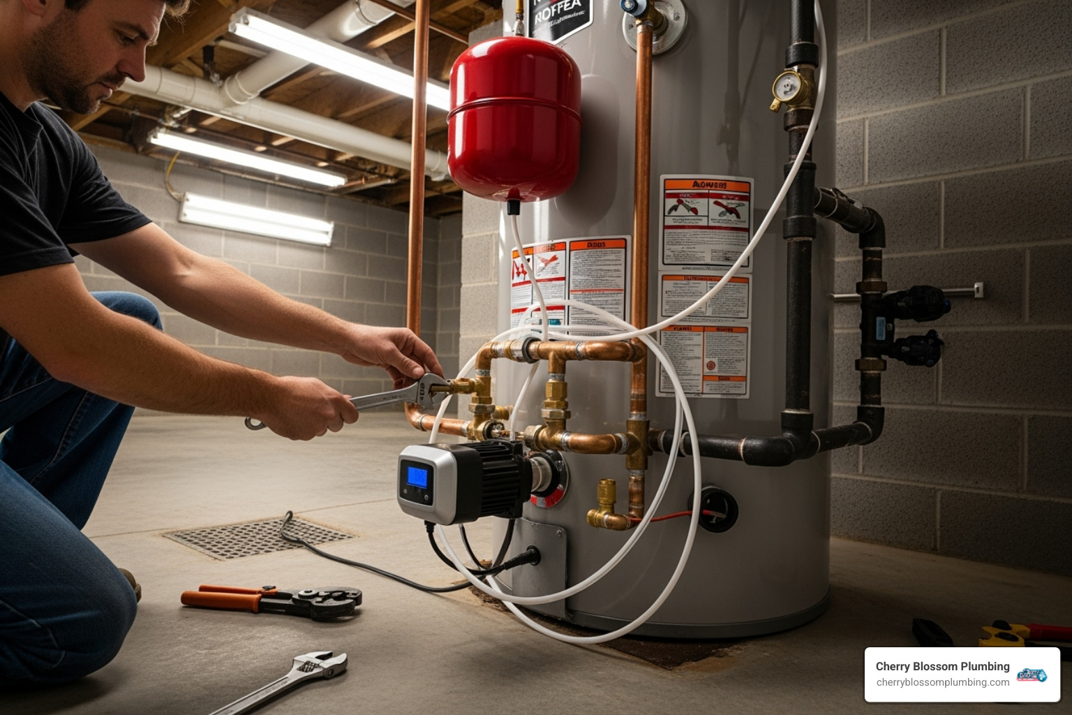 Plumber installing a recirculation pump near a water heater - Hot water recirculation pump