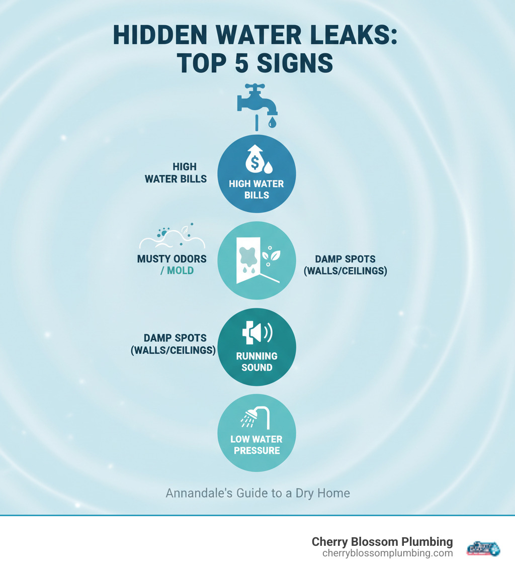 Infographic showing the top 5 signs of hidden water leaks: unexplained high water bills, musty odors indicating mold growth, damp spots on walls or ceilings, sound of running water when taps are off, and low water pressure throughout the home - Water leak detection Annandale infographic 