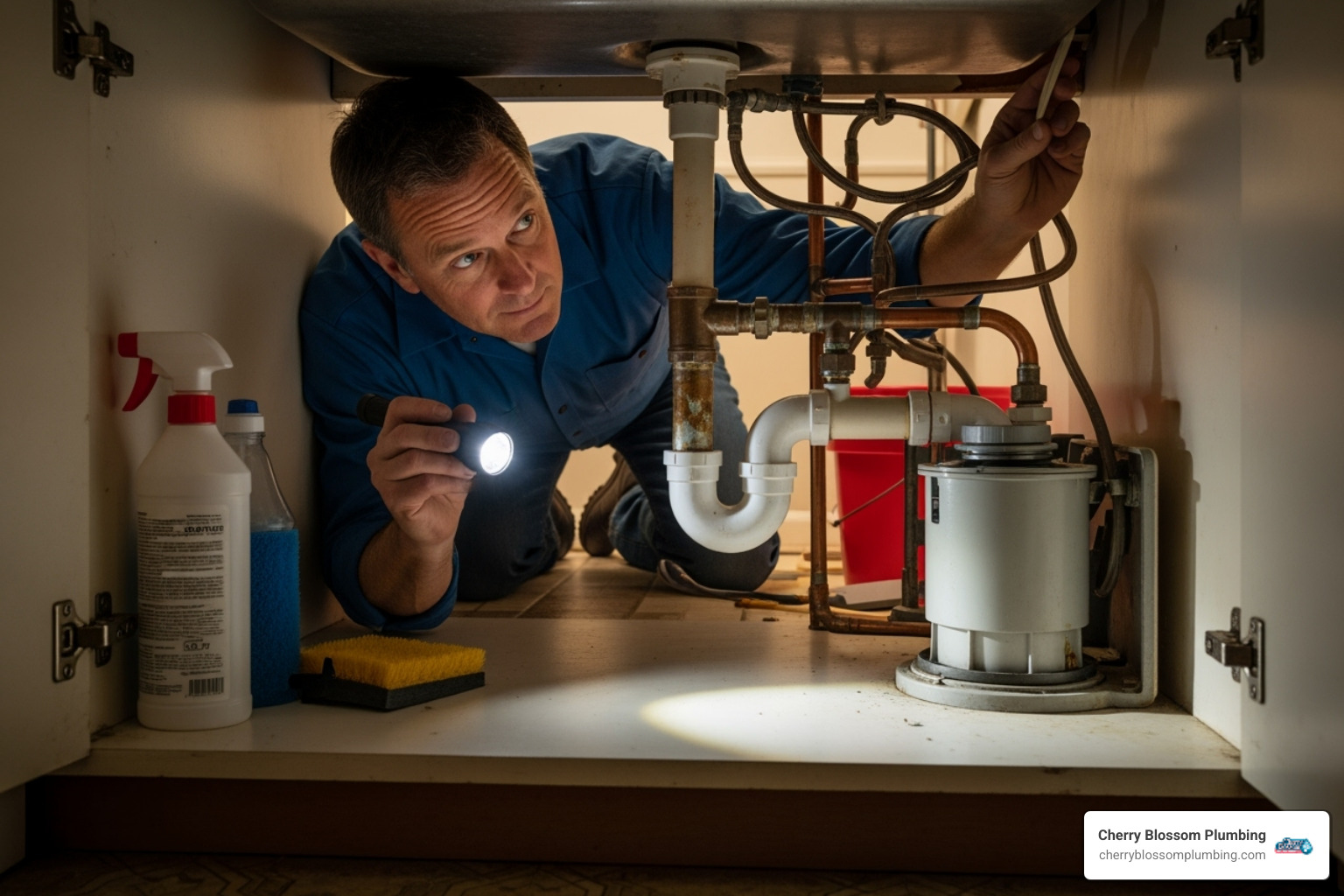 a homeowner inspecting pipes under a sink - Water leak detection Annandale