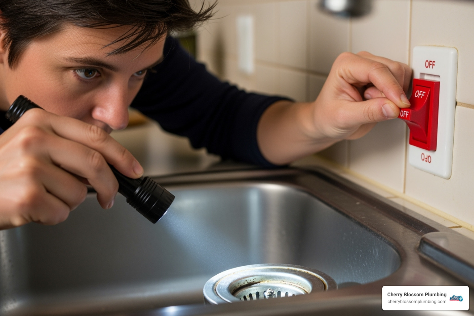 person safely looking into a sink drain with a flashlight, power off - garbage disposal repair arlington va person safely looking into a sink drain with a flashlight, power off - garbage disposal repair arlington va