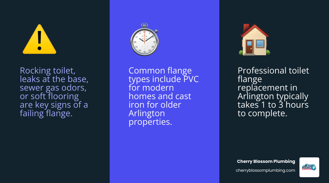 Detailed infographic showing toilet anatomy with flange location, common failure points, warning signs like water leaks and rocking motion, and the connection between toilet, wax ring, flange, and drainpipe in a cross-sectional view - toilet flange replacement arlington infographic 3_facts_emoji_blue Detailed infographic showing toilet anatomy with flange location, common failure points, warning signs like water leaks and rocking motion, and the connection between toilet, wax ring, flange, and drainpipe in a cross-sectional view - toilet flange replacement arlington infographic 3_facts_emoji_blue