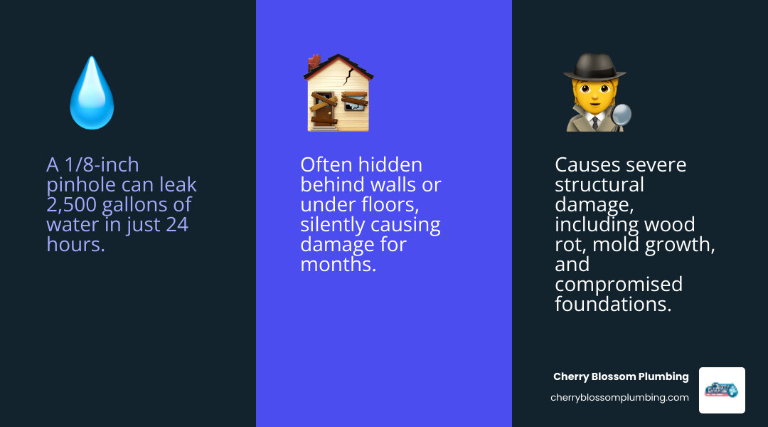 Infographic showing how a 1/8 inch pinhole leak wastes 2,500 gallons of water in 24 hours and can cause structural damage including wood rot, mold growth, ceiling stains, and foundation issues if left untreated - pinhole leak repair arlington infographic 3_facts_emoji_blue