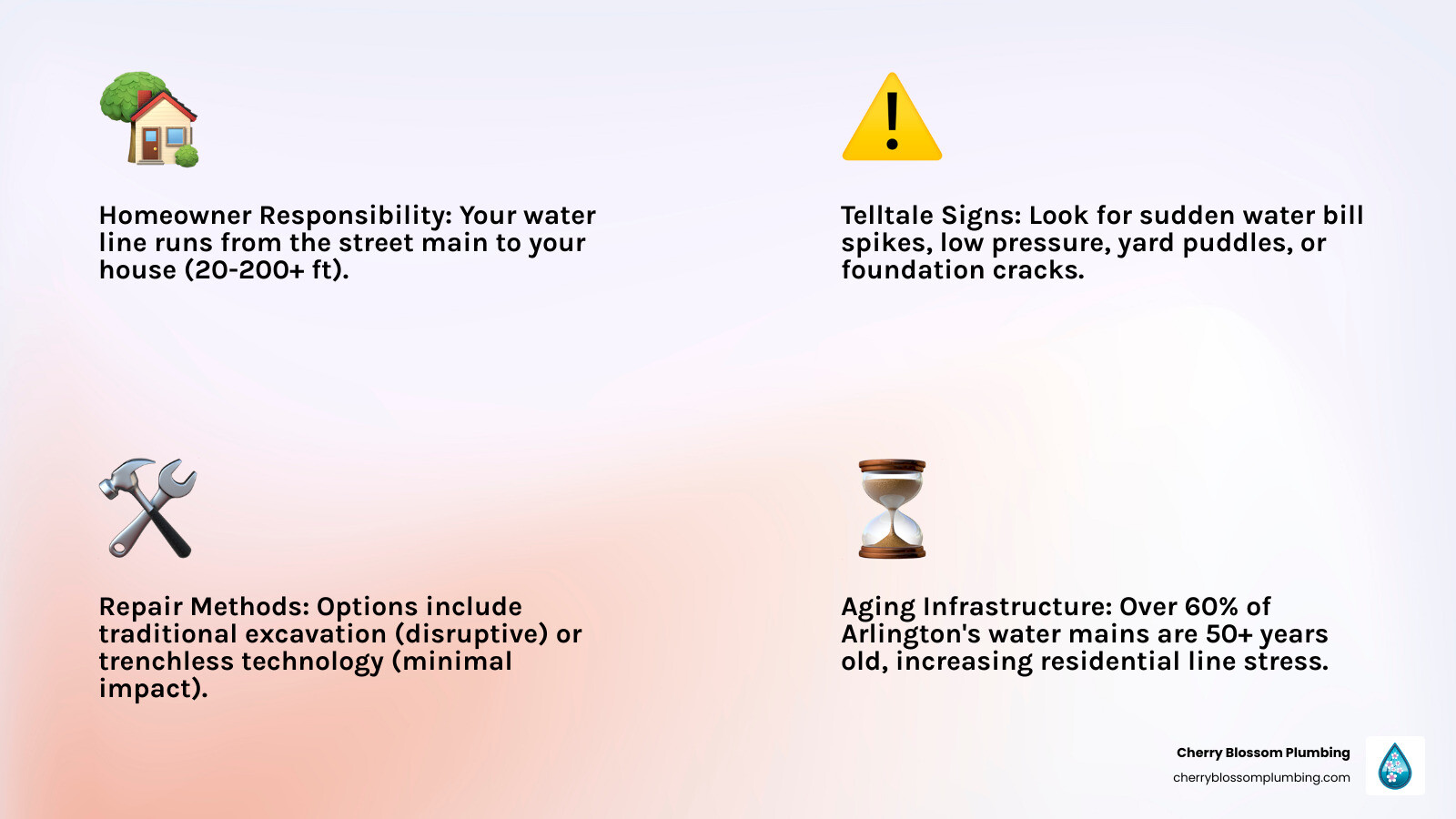 Infographic showing homeowner water line responsibility from street main to house, including common failure points like aging pipes, tree roots, and soil shifting, with repair method comparison between traditional excavation and trenchless technology - Water line repair Arlington infographic 4_facts_emoji_light-gradient