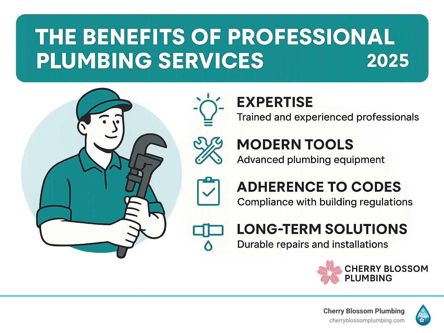 Infographic showing the benefits of professional plumbing services, including expertise, modern tools, adherence to codes, and long-term solutions, with Cherry Blossom Plumbing logo - Water line repair Arlington infographic 