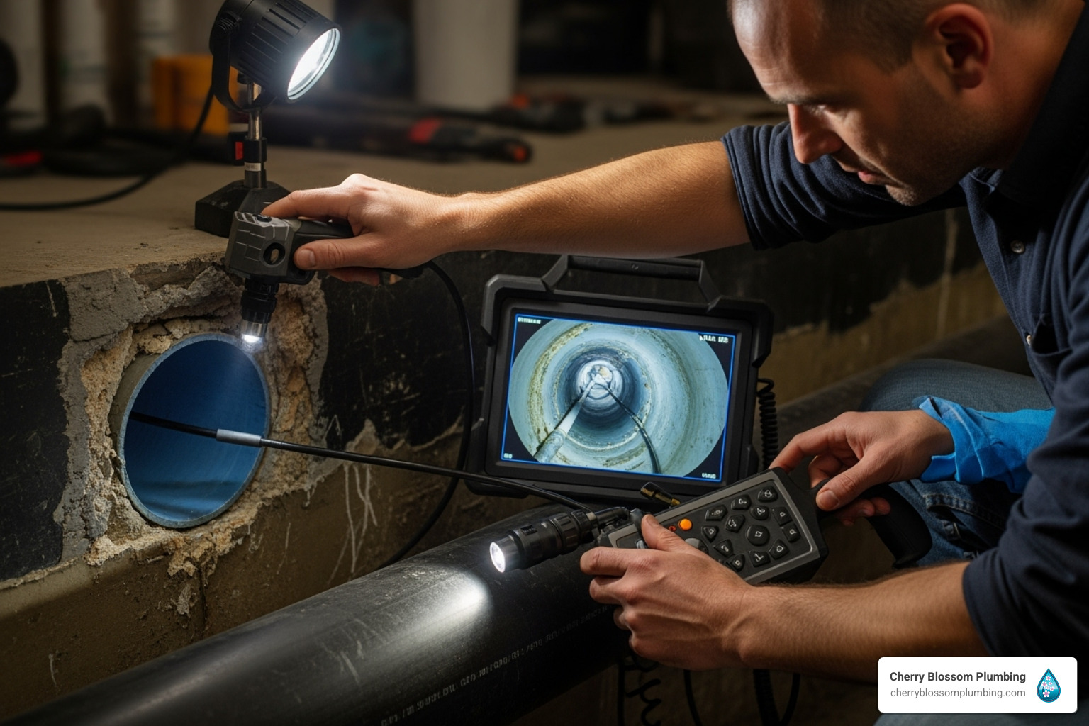 Plumber using a video camera inspection tool inside a pipe - Water line repair Arlington