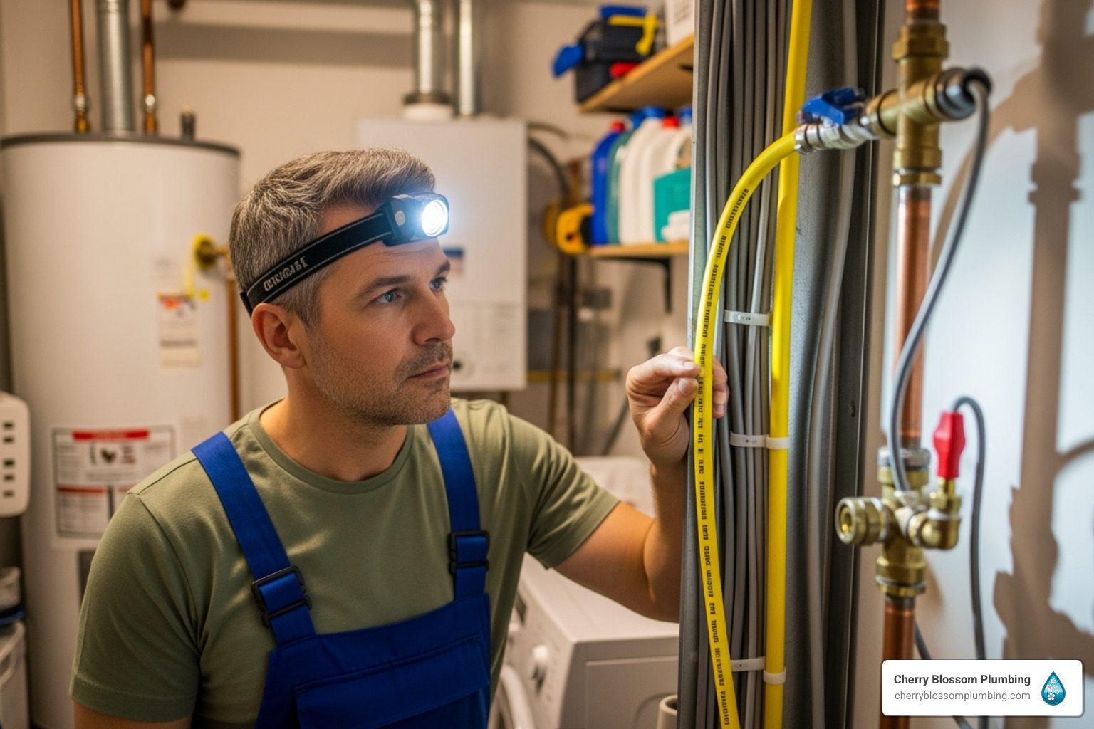 Plumber assessing home's existing plumbing and gas and electrical lines - tankless water heater installation Plumber assessing home's existing plumbing and gas and electrical lines - tankless water heater installation