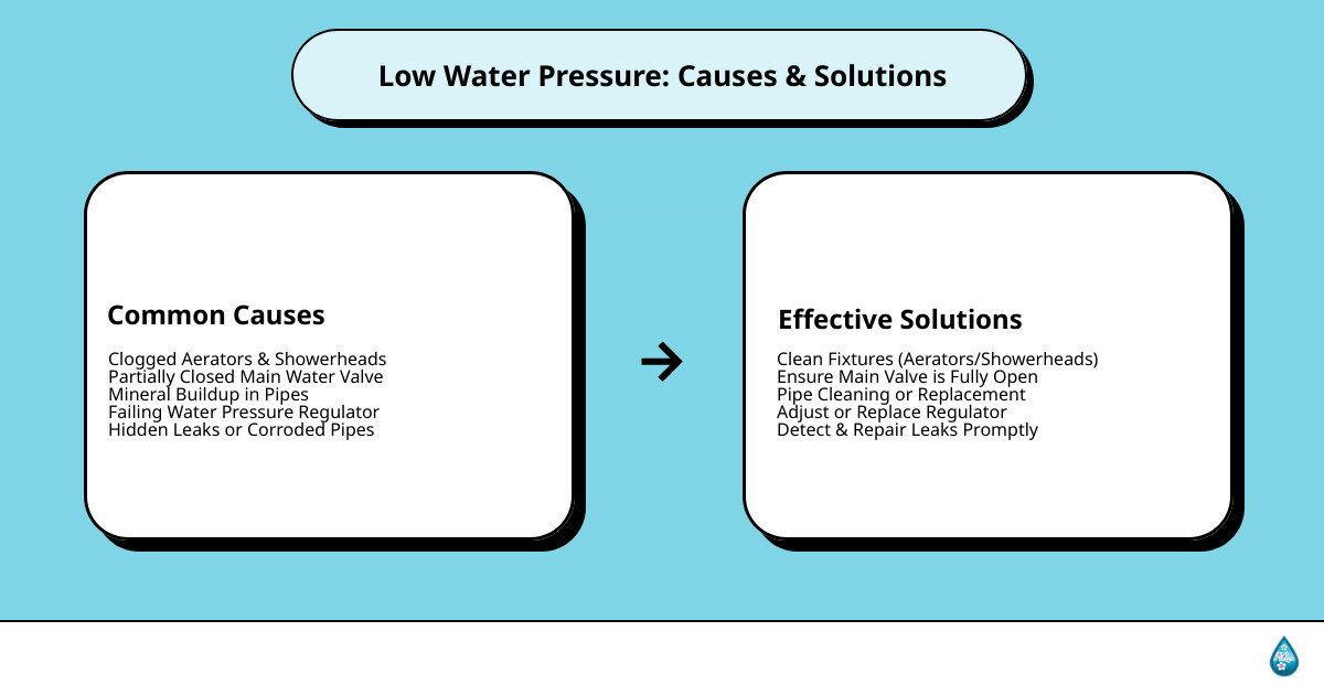Comprehensive infographic showing common low water pressure causes on the left side including clogged aerators, partially closed main valve, mineral buildup in pipes, failing pressure regulator, and leaks, with corresponding solution steps on the right side including cleaning fixtures, checking valves, pipe replacement, regulator adjustment, and leak repair - Low water pressure fix infographic cause_effect_text Comprehensive infographic showing common low water pressure causes on the left side including clogged aerators, partially closed main valve, mineral buildup in pipes, failing pressure regulator, and leaks, with corresponding solution steps on the right side including cleaning fixtures, checking valves, pipe replacement, regulator adjustment, and leak repair - Low water pressure fix infographic cause_effect_text
