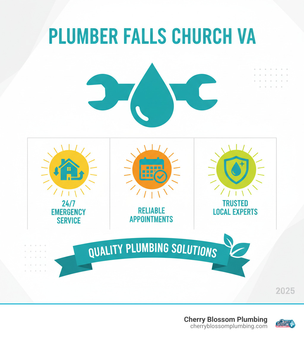 Infographic showing the top 5 most common household plumbing issues in Falls Church VA: leaky faucets and pipes, clogged drains, water heater problems, frozen pipes during winter, and backflow prevention needs, with statistics showing that Falls Church residents can expect to pay $100-$200 per hour for professional plumbing services - Plumber Falls Church VA infographic Infographic showing the top 5 most common household plumbing issues in Falls Church VA: leaky faucets and pipes, clogged drains, water heater problems, frozen pipes during winter, and backflow prevention needs, with statistics showing that Falls Church residents can expect to pay $100-$200 per hour for professional plumbing services - Plumber Falls Church VA infographic