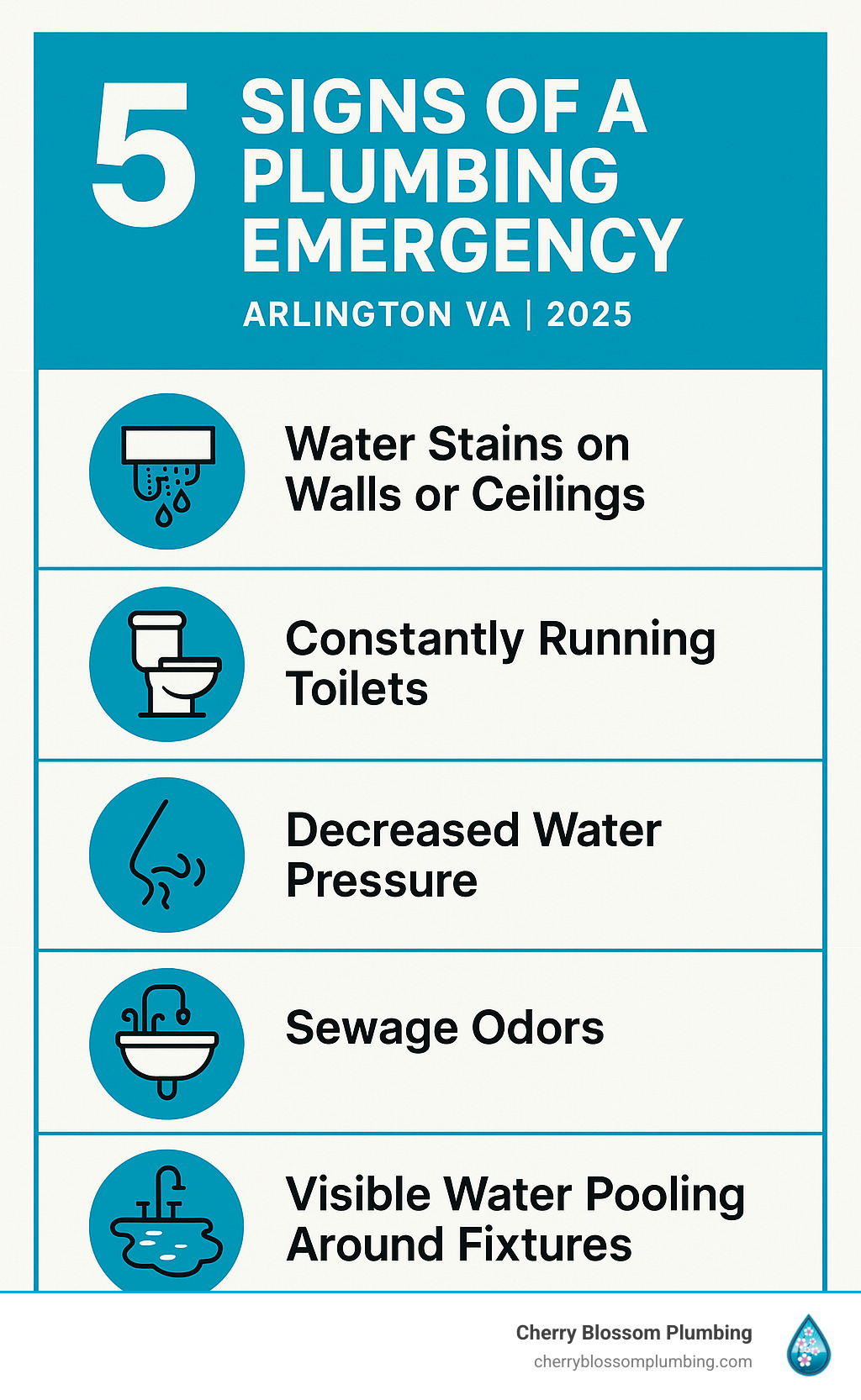 Infographic showing the top 5 signs of a plumbing emergency: water stains on walls or ceilings, constantly running toilets, decreased water pressure, sewage odors, and visible water pooling around fixtures - emergency plumber arlington VA infographic Infographic showing the top 5 signs of a plumbing emergency: water stains on walls or ceilings, constantly running toilets, decreased water pressure, sewage odors, and visible water pooling around fixtures - emergency plumber arlington VA infographic
