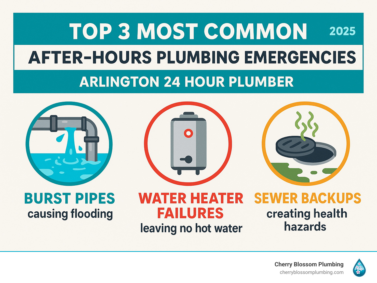 infographic showing the top 3 most common after-hours plumbing emergencies: burst pipes causing flooding, water heater failures leaving families without hot water, and sewer backups creating health hazards - arlington 24 hour plumber infographic infographic showing the top 3 most common after-hours plumbing emergencies: burst pipes causing flooding, water heater failures leaving families without hot water, and sewer backups creating health hazards - arlington 24 hour plumber infographic