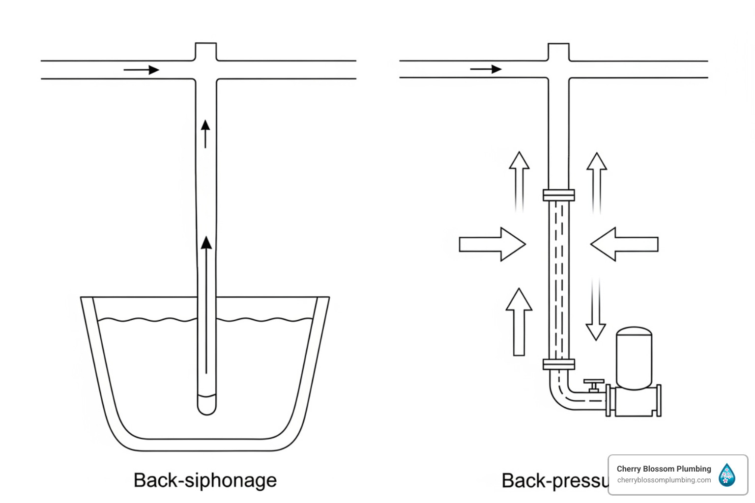 diagram showing back-siphonage and back-pressure - backflow assembly testing