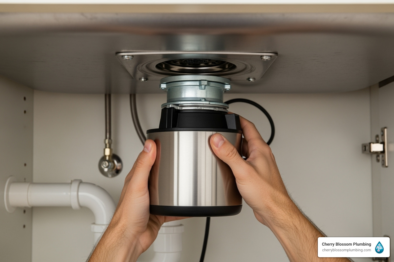 new disposal being lifted and attached to the mounting ring - install a garbage disposal new disposal being lifted and attached to the mounting ring - install a garbage disposal