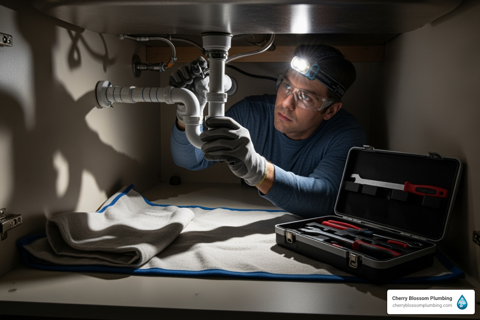 person safely working under a kitchen sink with proper lighting - install a garbage disposal person safely working under a kitchen sink with proper lighting - install a garbage disposal