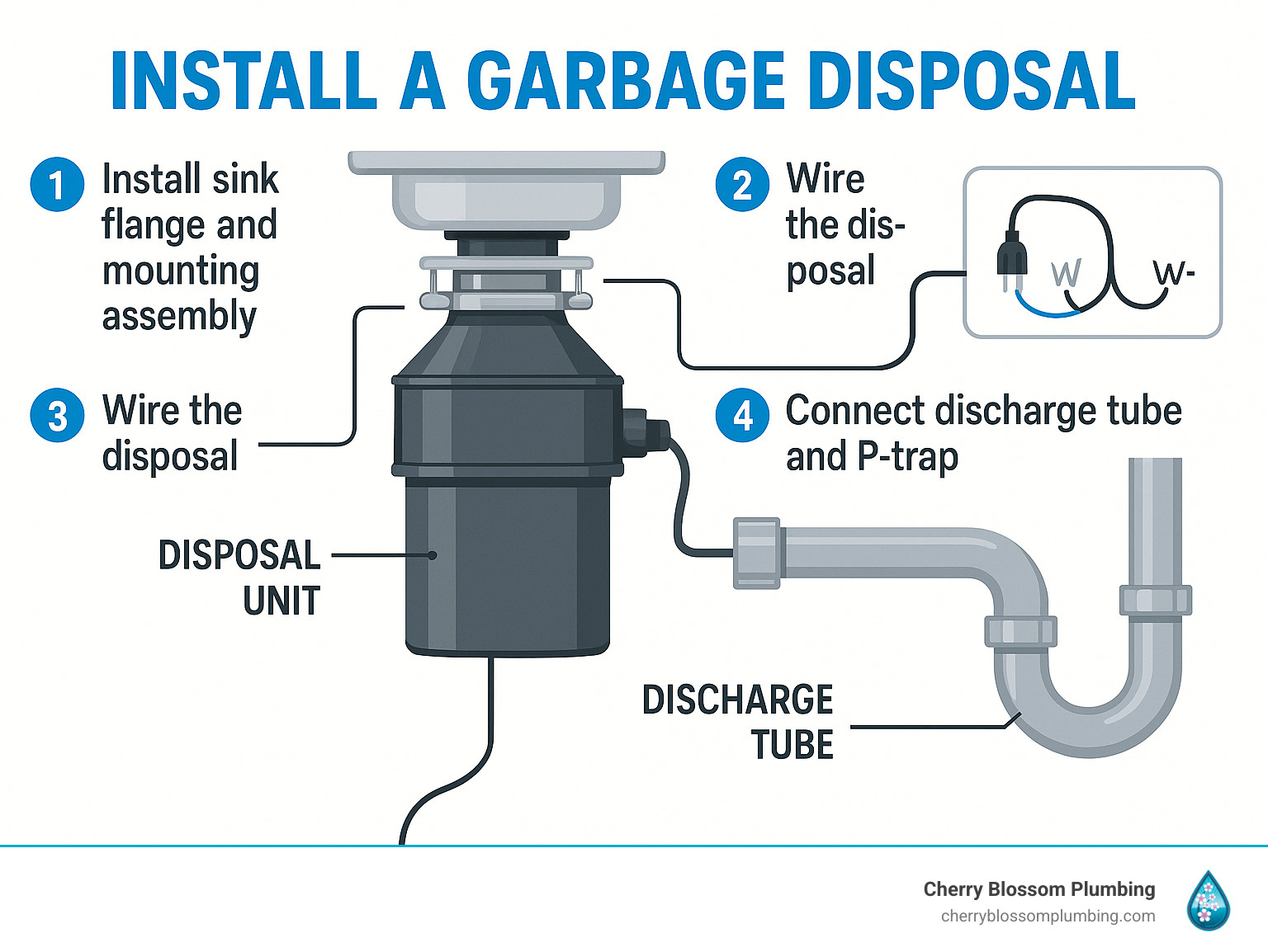 Step-by-step garbage disposal installation process showing the main components: sink flange, mounting assembly, disposal unit, discharge tube, and P-trap connections with electrical wiring diagram - install a garbage disposal infographic Step-by-step garbage disposal installation process showing the main components: sink flange, mounting assembly, disposal unit, discharge tube, and P-trap connections with electrical wiring diagram - install a garbage disposal infographic