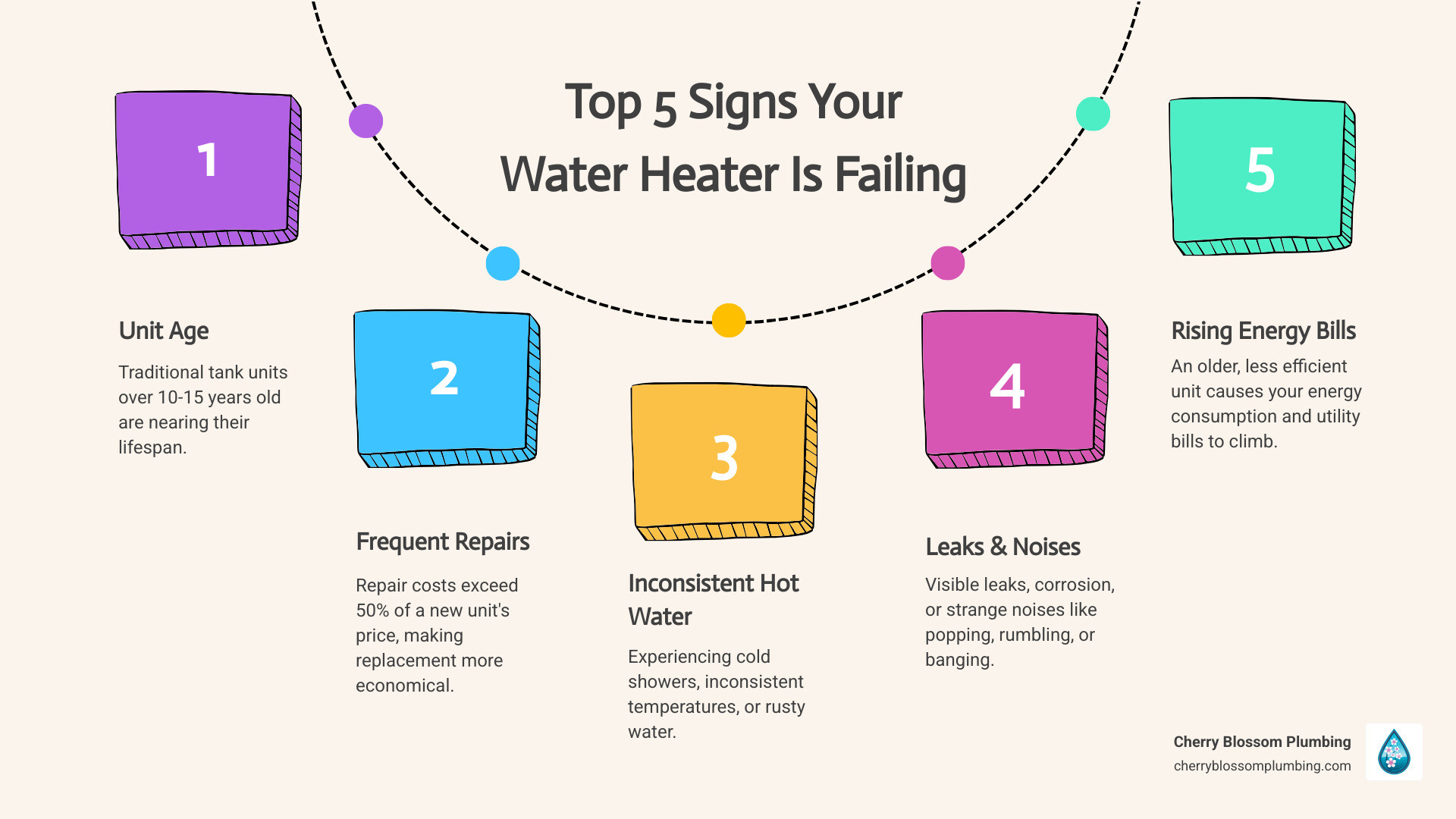 Infographic showing the top 5 signs a water heater is failing: age over 10-15 years, frequent repairs costing more than 50% of replacement price, inconsistent water temperature and rusty water, visible leaks or corrosion around the tank, and strange noises like popping or rumbling sounds - Hot water heater replacement infographic process-5-steps-informal Infographic showing the top 5 signs a water heater is failing: age over 10-15 years, frequent repairs costing more than 50% of replacement price, inconsistent water temperature and rusty water, visible leaks or corrosion around the tank, and strange noises like popping or rumbling sounds - Hot water heater replacement infographic process-5-steps-informal
