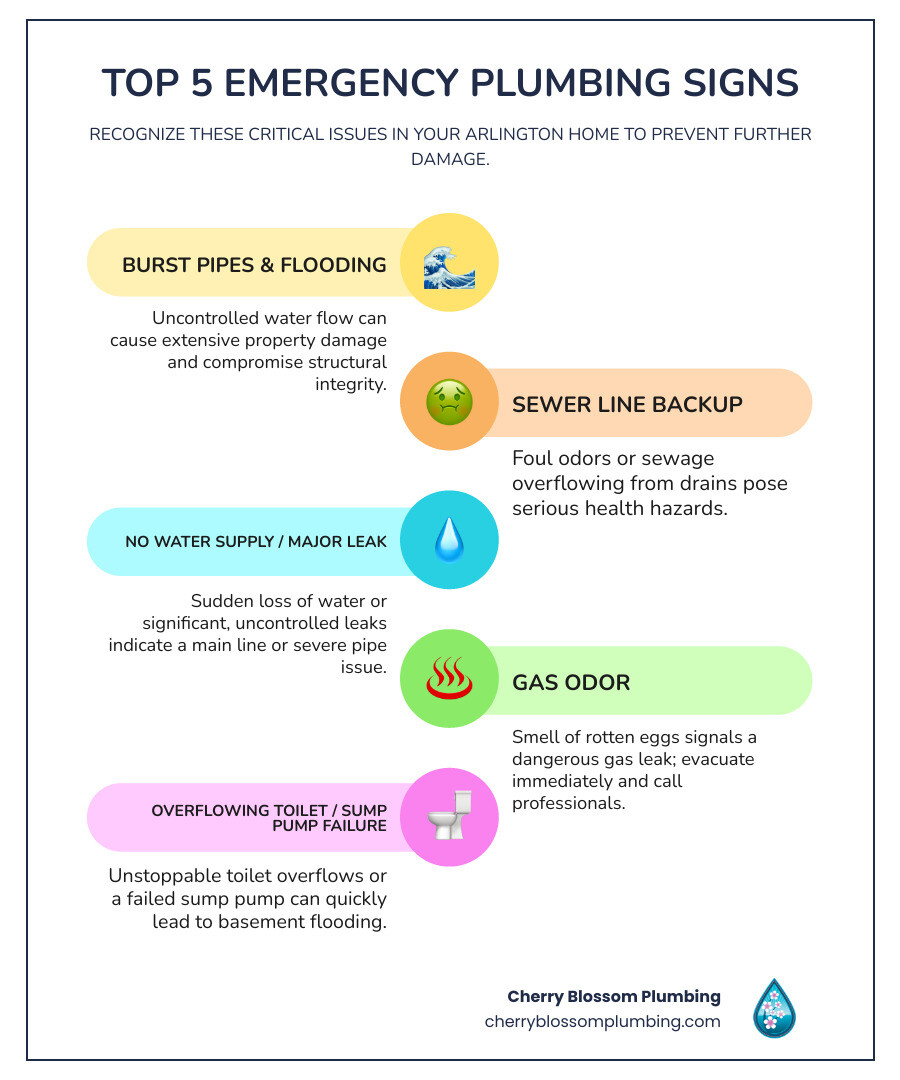 Infographic showing the top 5 signs you need an emergency plumber: burst pipes with flooding, sewage backup odors, complete loss of water pressure, gas leak smell, and overflowing toilets that won't stop - 24 hour plumber arlington infographic infographic-line-5-steps-colors Infographic showing the top 5 signs you need an emergency plumber: burst pipes with flooding, sewage backup odors, complete loss of water pressure, gas leak smell, and overflowing toilets that won't stop - 24 hour plumber arlington infographic infographic-line-5-steps-colors