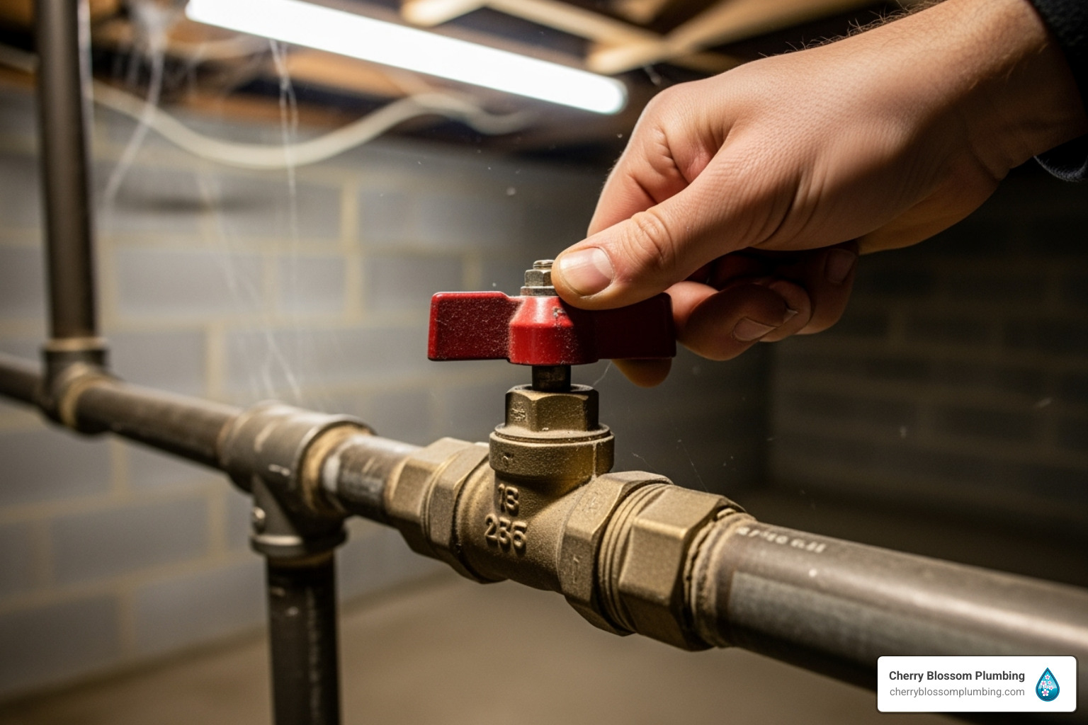 Image of a hand turning a main water shut-off valve - 24 hour plumber arlington Image of a hand turning a main water shut-off valve - 24 hour plumber arlington