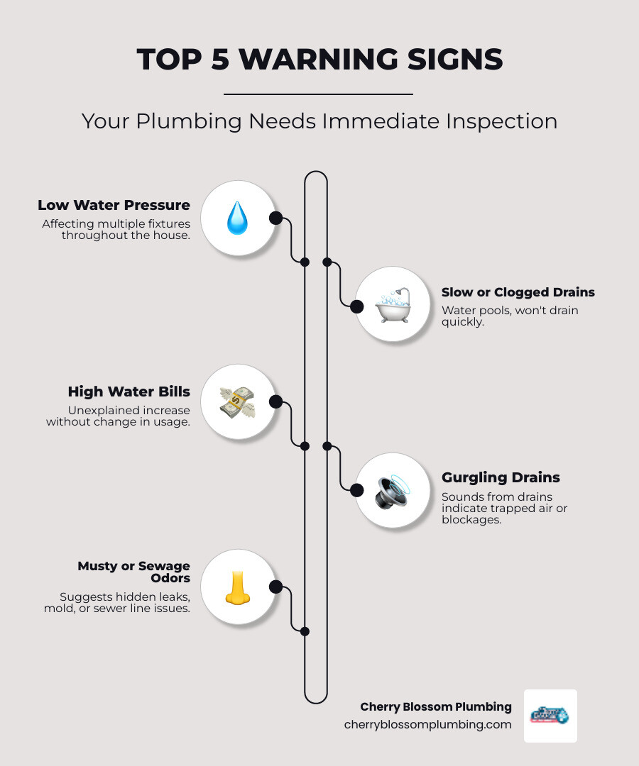 Infographic showing the top 5 warning signs that indicate your plumbing system needs immediate inspection: low water pressure throughout house, slow or clogged drains, unexplained high water bills, gurgling sounds from drains, and musty smells or sewage odors - plumbing system inspection arlington va infographic infographic-line-5-steps-neat_beige