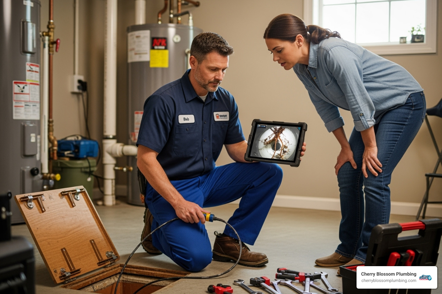 Plumber showing a homeowner the video feed on a monitor - drain inspection service falls church va
