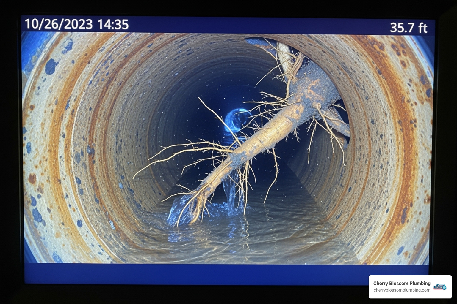 Sewer camera screen showing a tree root in a pipe - drain inspection service falls church va