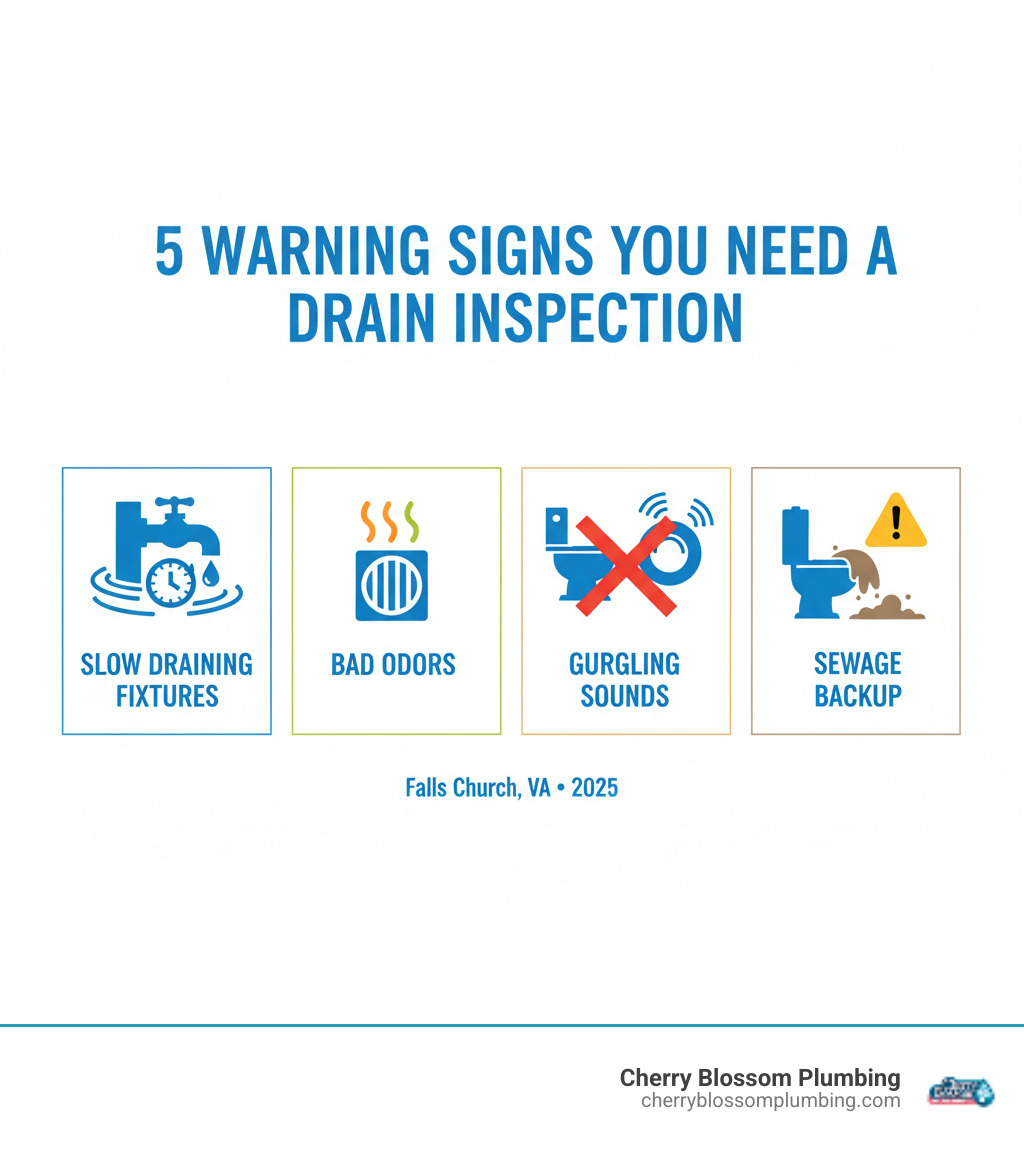 Infographic showing 5 warning signs you need a drain inspection: slow draining fixtures with clock icon, bad odors with wavy smell lines, gurgling sounds with sound waves, multiple clogs with crossed-out drains, and sewage backup with warning triangle - drain inspection service falls church va infographic 