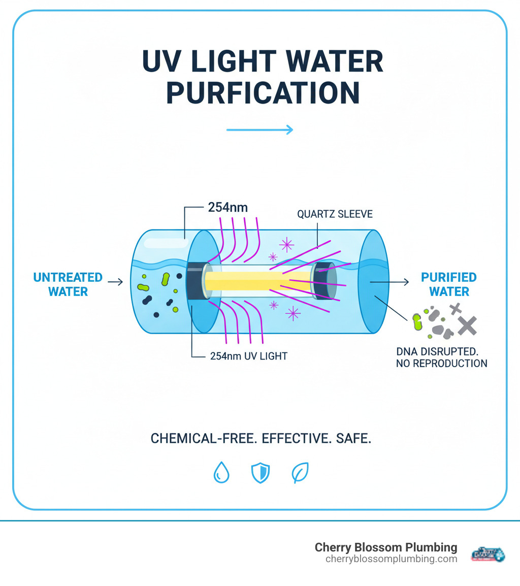 Infographic showing UV light water purification process with UV lamp emitting 254nm light through quartz sleeve into flowing water, disrupting microorganism DNA and preventing reproduction - uv light water filter infographic 
