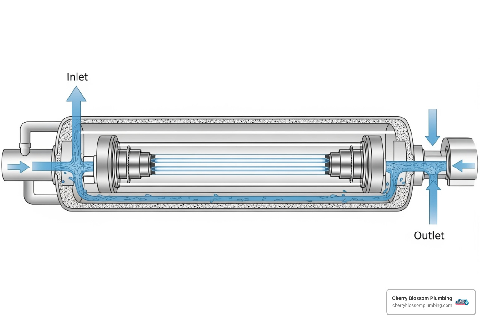 Diagram of a UV water filter showing water entering, passing over a UV lamp inside a quartz sleeve, and exiting - uv light water filter