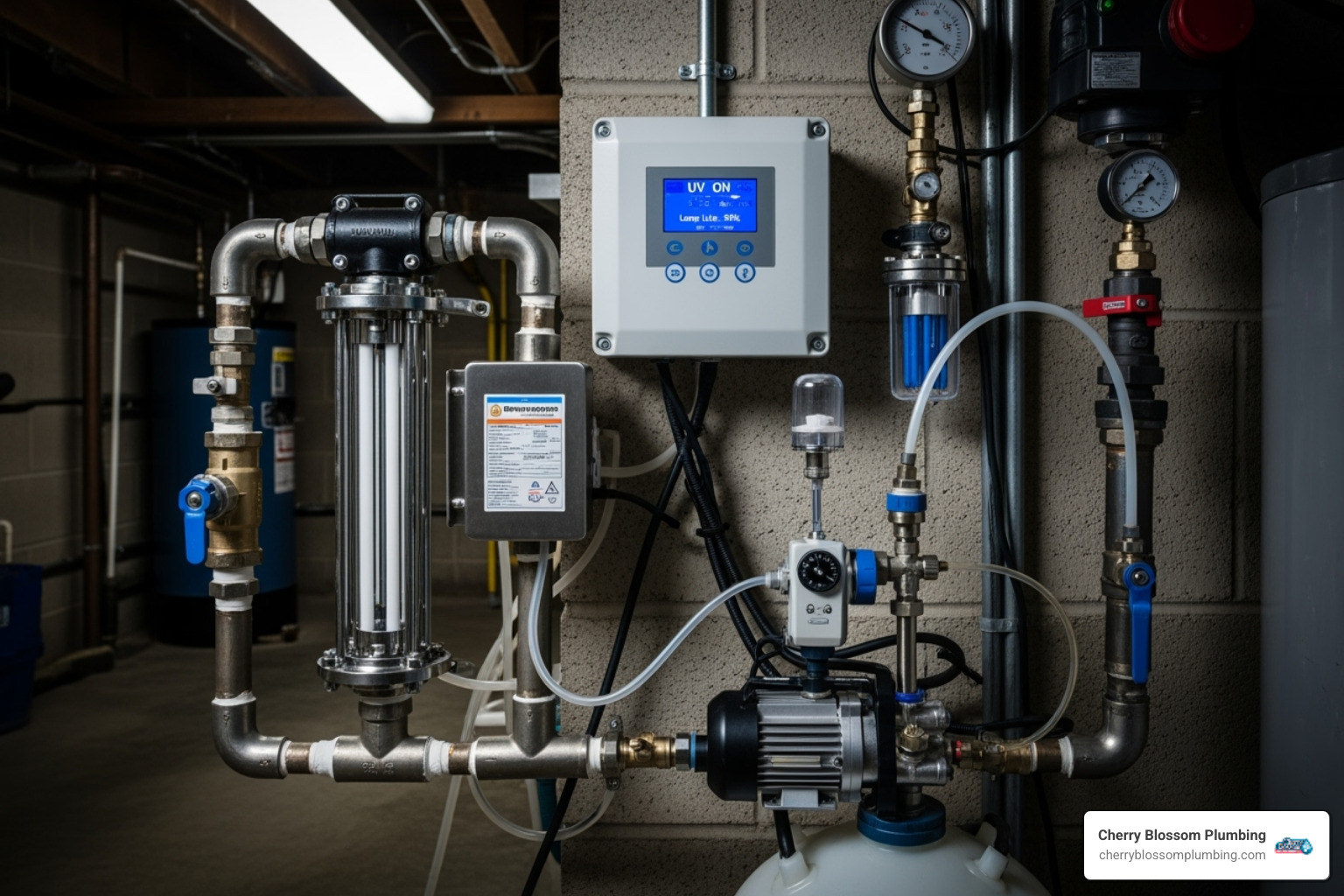 UV system and chemical dosing pump side-by-side, illustrating different water disinfection methods - uv light water filter