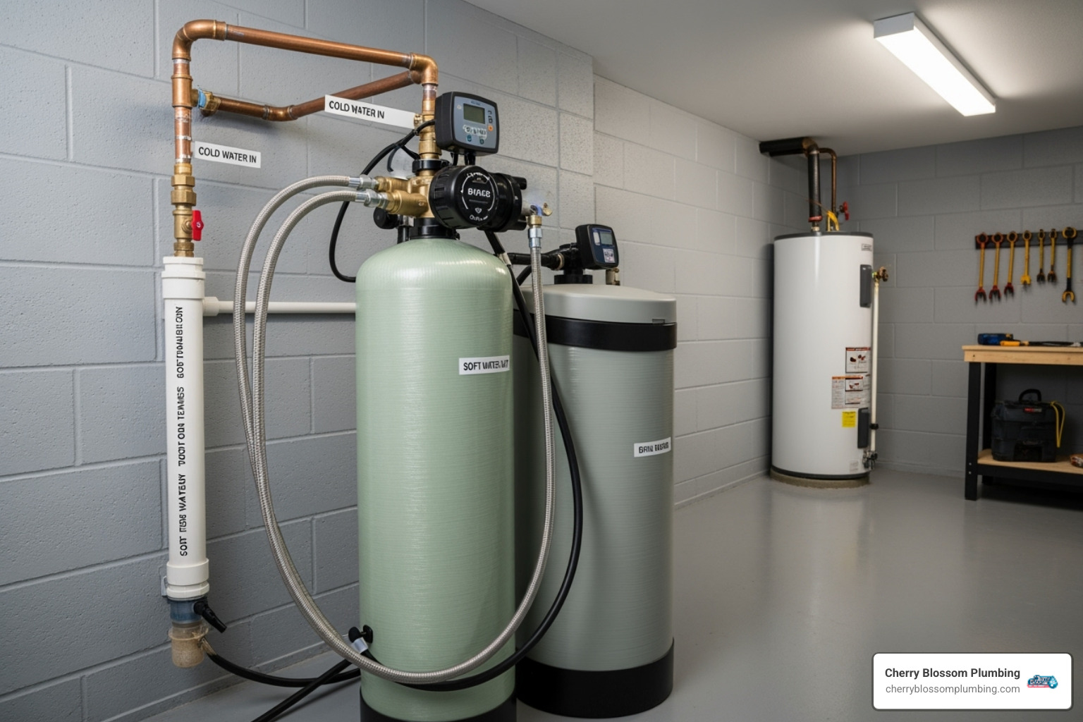 whole-house water softener system installed neatly in a utility room - tankless water heater hard water