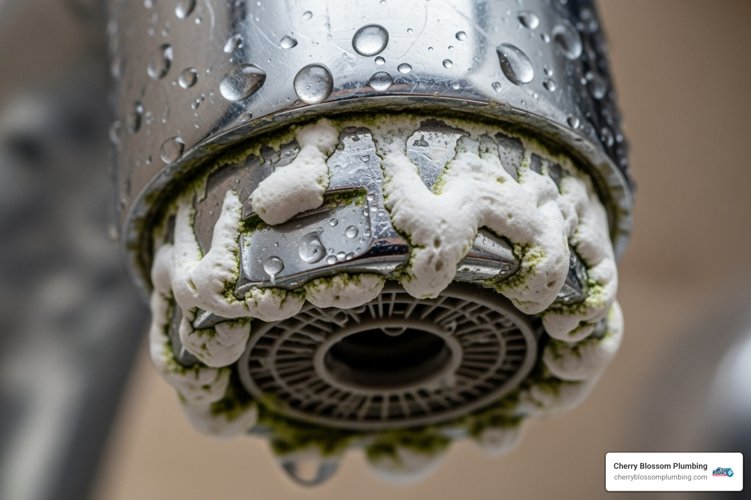 faucet head clogged with white, crusty limescale - tankless water heater hard water