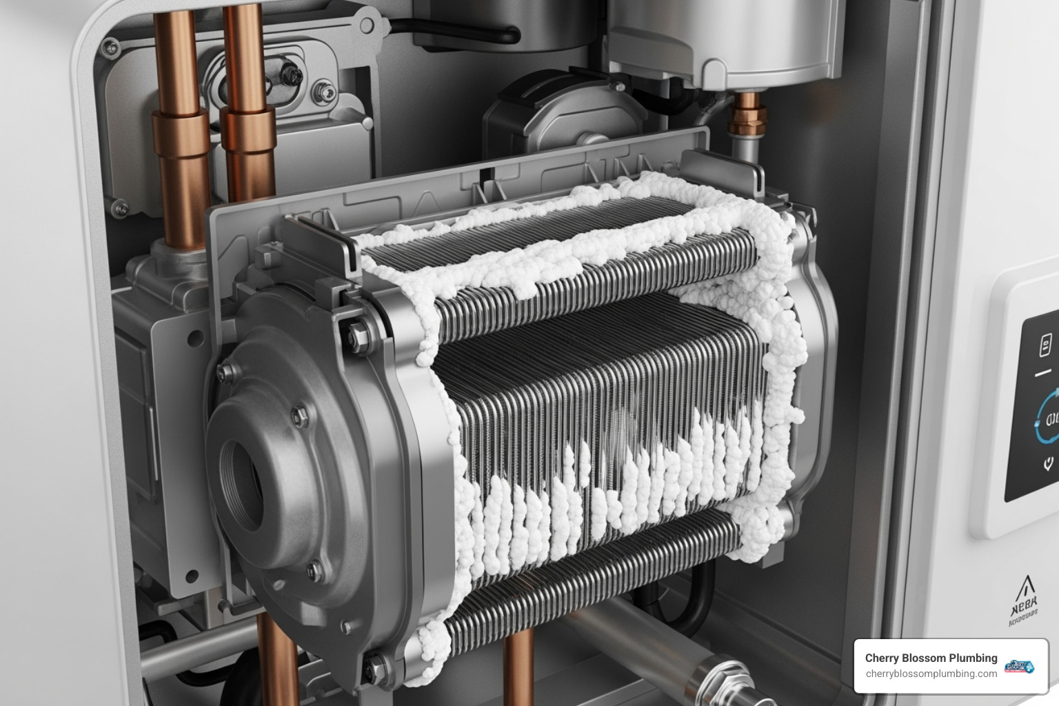 cutaway view showing scale buildup inside a tankless heater's heat exchanger - tankless water heater hard water