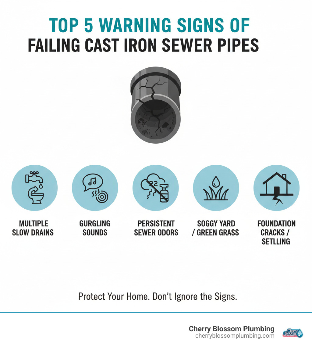 Infographic showing the top 5 warning signs of failing cast iron sewer pipes: multiple slow drains throughout the house, gurgling sounds from fixtures, persistent sewer odors indoors, soggy patches or unusually green grass in the yard, and foundation cracks or settling - cast iron sewage pipe repair infographic 