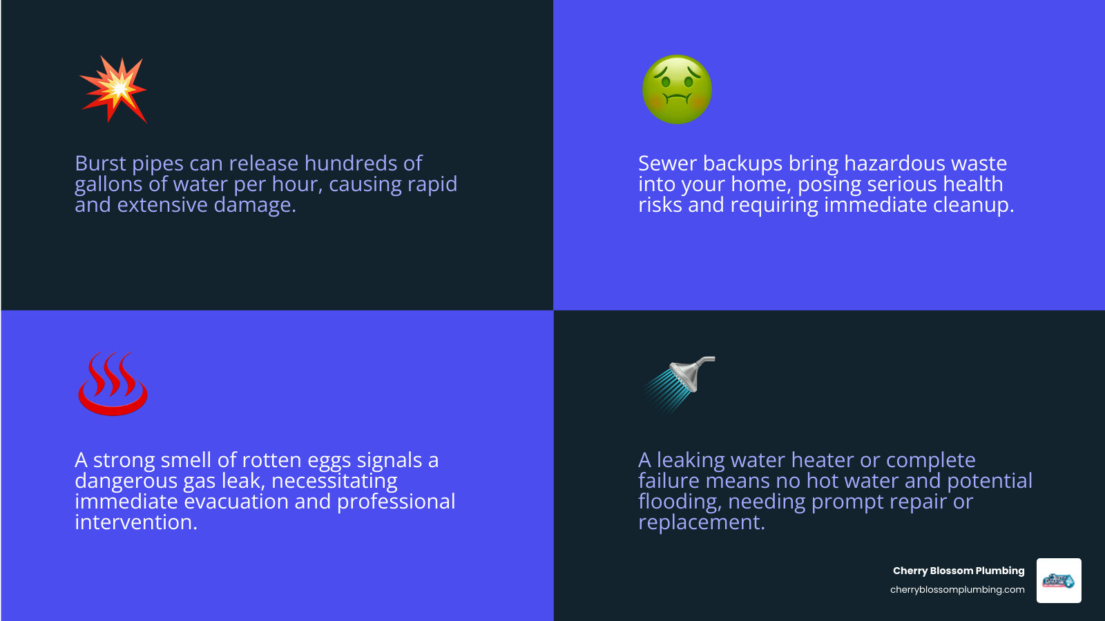 Infographic showing key plumbing emergency warning signs: burst pipes with water spraying, sewage backup in basement, gas leak warning symbols, water heater failure, and homeowner calling emergency plumber with 24/7 availability badge - emergency plumber arlington infographic 4_facts_emoji_blue Infographic showing key plumbing emergency warning signs: burst pipes with water spraying, sewage backup in basement, gas leak warning symbols, water heater failure, and homeowner calling emergency plumber with 24/7 availability badge - emergency plumber arlington infographic 4_facts_emoji_blue