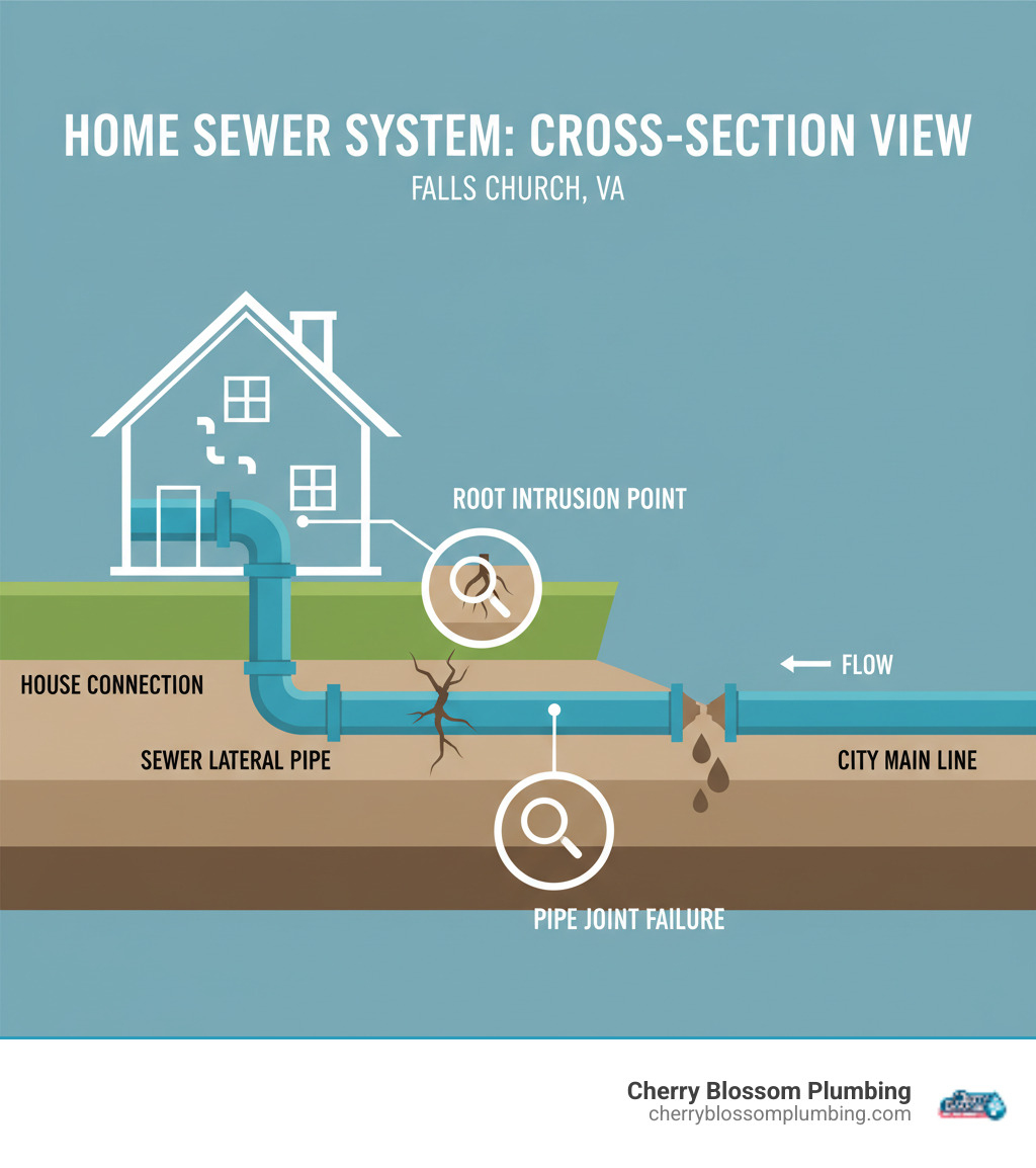 Detailed infographic showing a cross-section view of a home's sewer system, including the house connection, sewer lateral pipe running through the yard, connection to the city main line, and common problem areas like root intrusion points and pipe joint failures - sewer line inspection falls church va infographic 