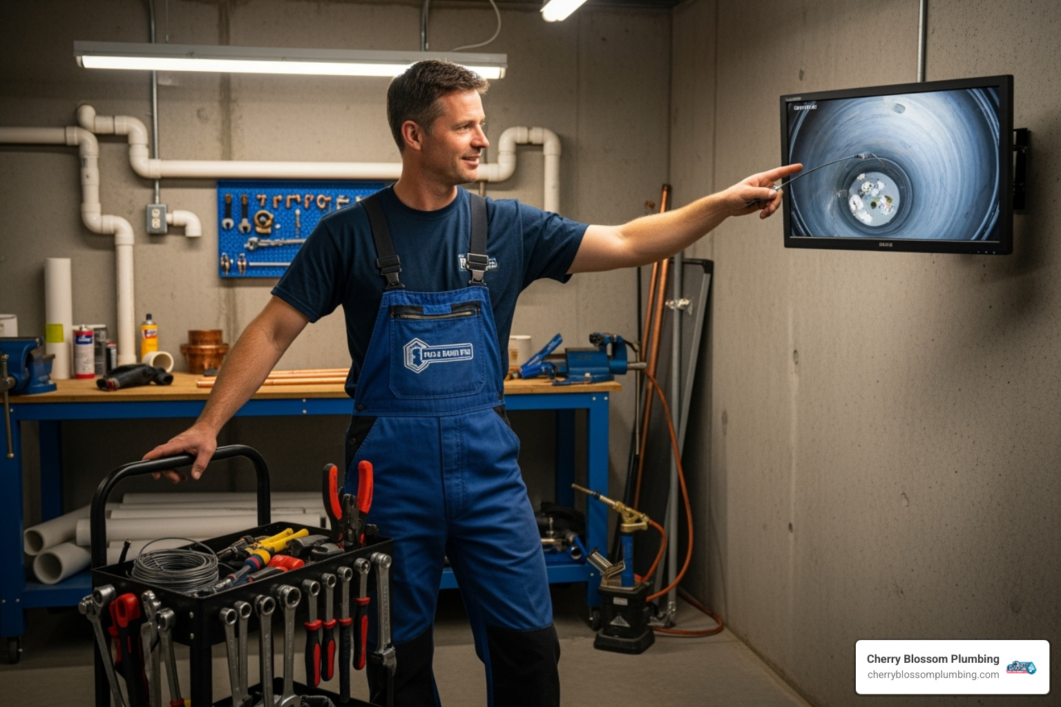 plumber pointing to monitor showing sewer camera feed - sewer line inspection falls church va