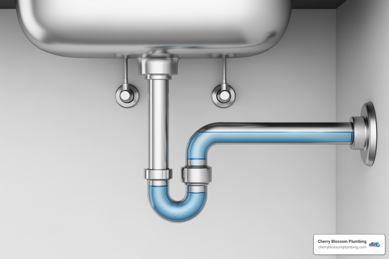 labeled diagram showing the parts of a P-trap under a sink with water seal - clean p trap smell