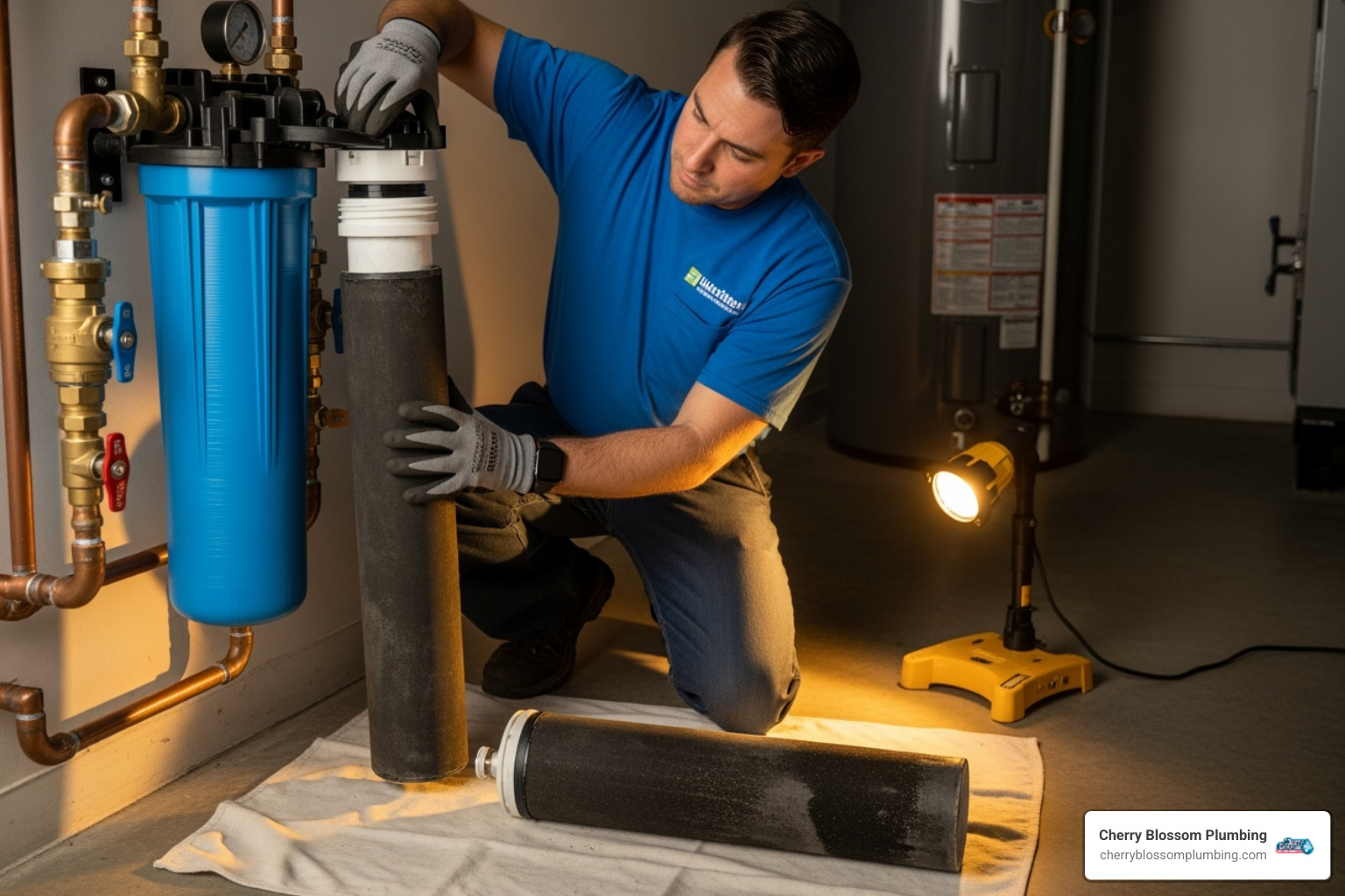 A professional technician carefully replacing a carbon filter cartridge in a whole-house water filtration system, ensuring a tight seal - carbon water filter northern va