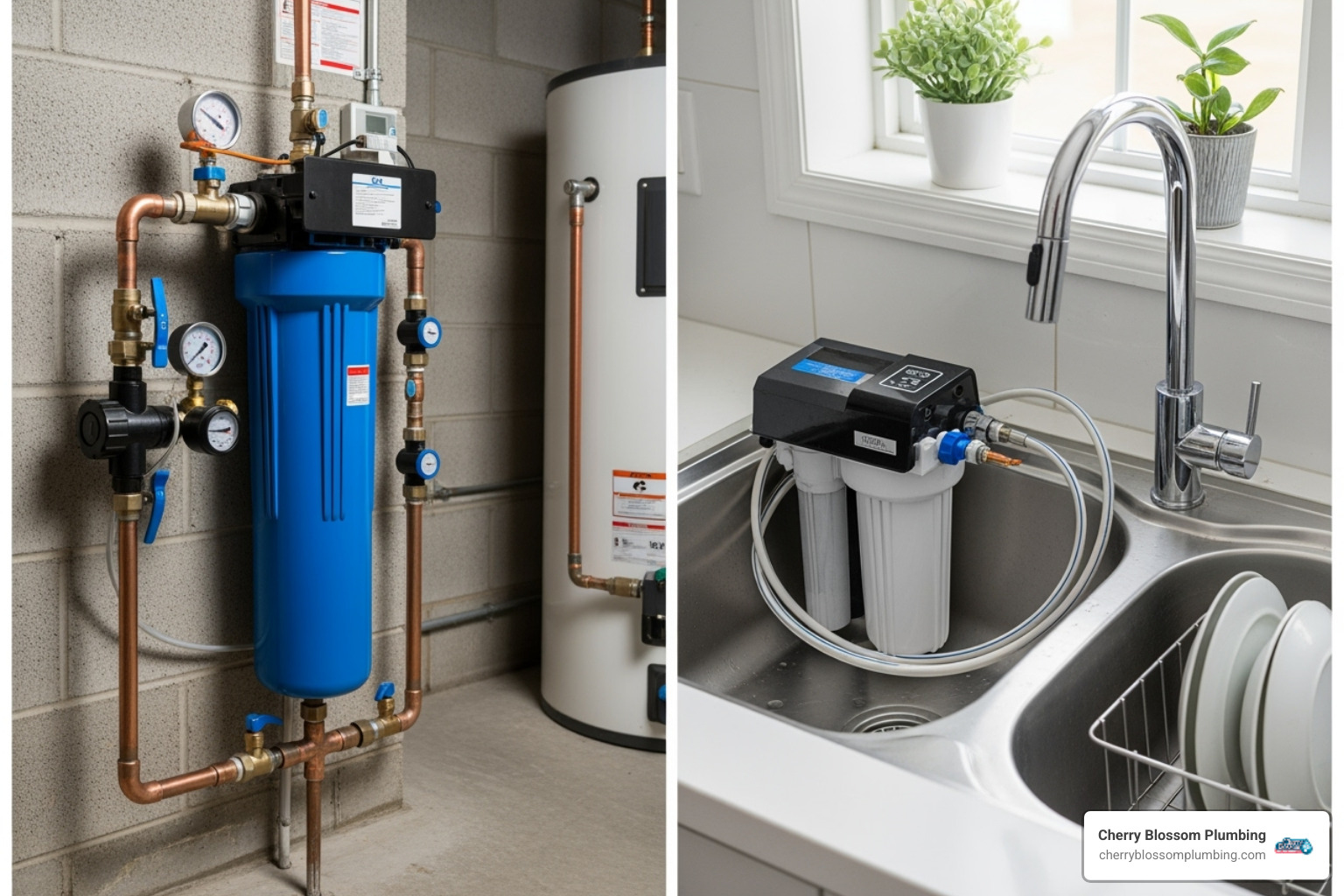 Visual comparison of different carbon water filter systems: a whole-house filter installed on a main water line, and an under-sink filter with a dedicated faucet - carbon water filter northern va Visual comparison of different carbon water filter systems: a whole-house filter installed on a main water line, and an under-sink filter with a dedicated faucet - carbon water filter northern va