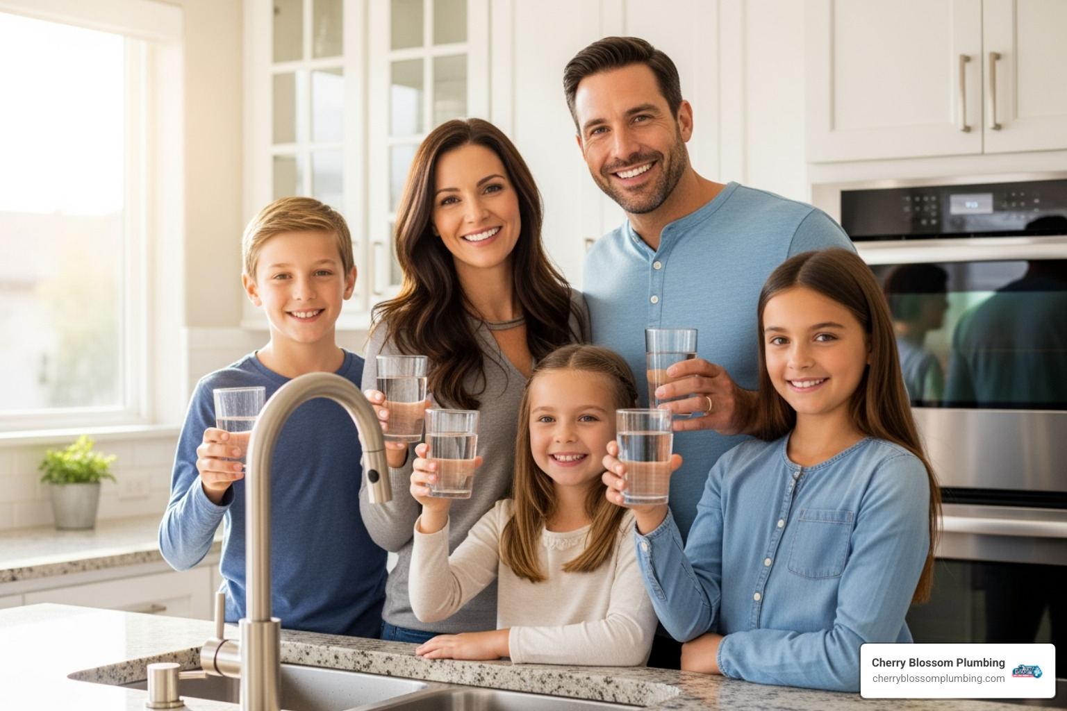 A happy family enjoying fresh, clean water from their kitchen tap, smiling and holding glasses of water - carbon water filter northern va A happy family enjoying fresh, clean water from their kitchen tap, smiling and holding glasses of water - carbon water filter northern va