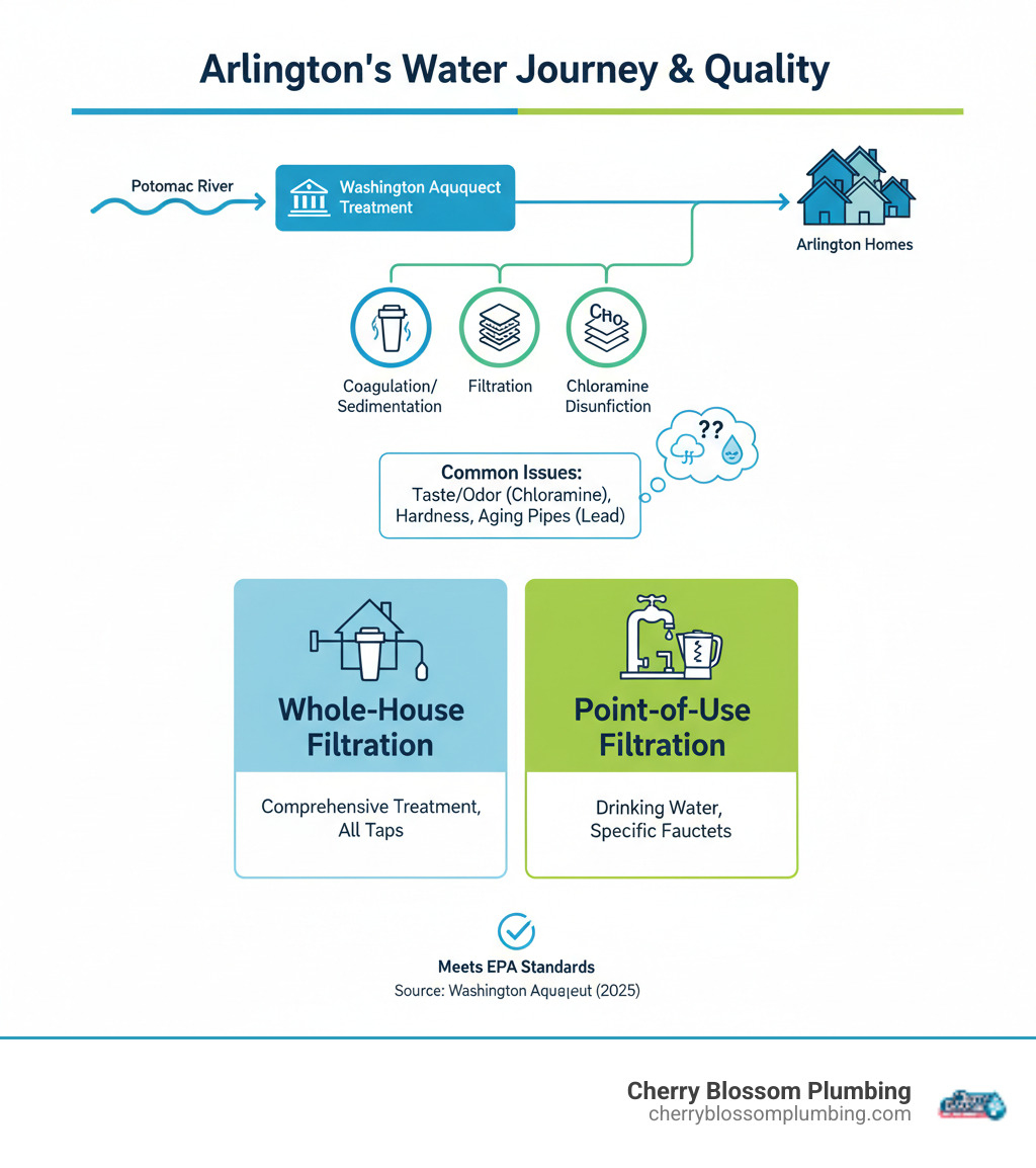 Comprehensive infographic showing the water journey from Potomac River through Washington Aqueduct treatment facility to Arlington homes, highlighting key treatment steps including chloramine disinfection, common water quality issues like taste and odor, and filtration solutions including whole-house and point-of-use systems - drinking water filtration arlington va infographic 