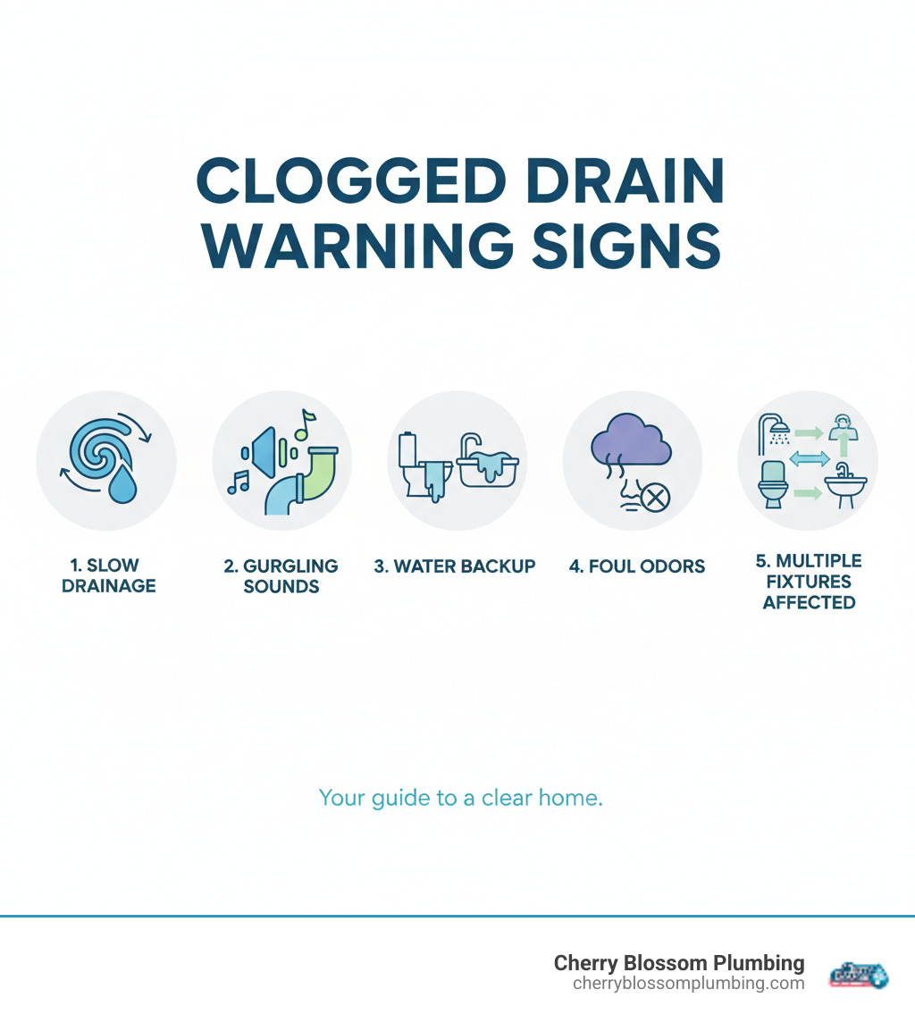 Infographic showing the top 5 warning signs of clogged drains: slow drainage, gurgling sounds, water backup, foul odors, and multiple fixtures affected simultaneously - clogged drain repair arlington infographic 