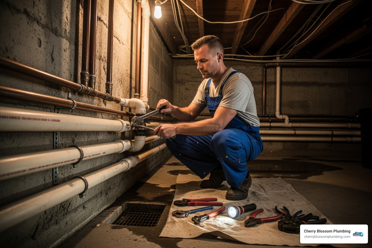 A professional plumber working on a drain system - clogged drain repair arlington