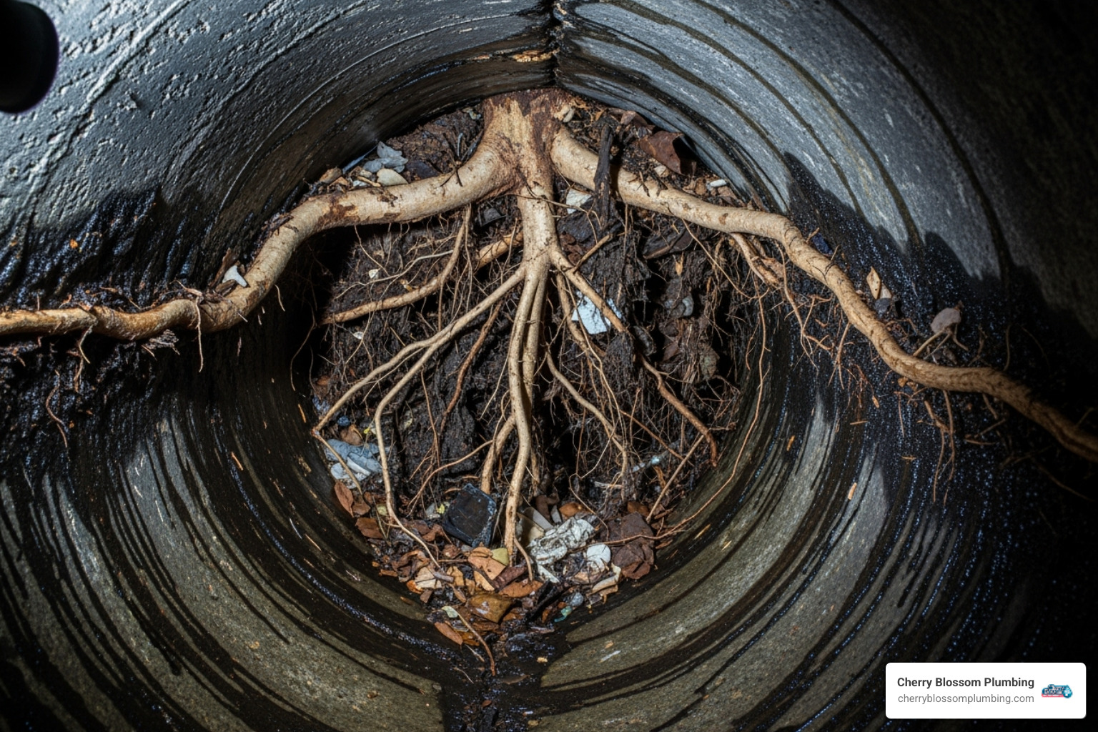 Tree roots growing inside a sewer pipe, causing a blockage - clogged drain repair arlington