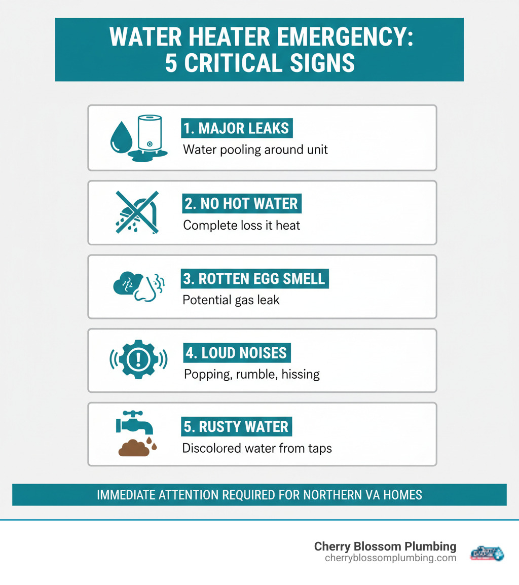Infographic showing 5 critical signs of water heater emergency: major water leaks pooling around unit, complete loss of hot water, rotten egg gas smell, loud popping or rumbling noises, and rusty discolored water coming from taps - emergency water heater repair northern virginia infographic 
