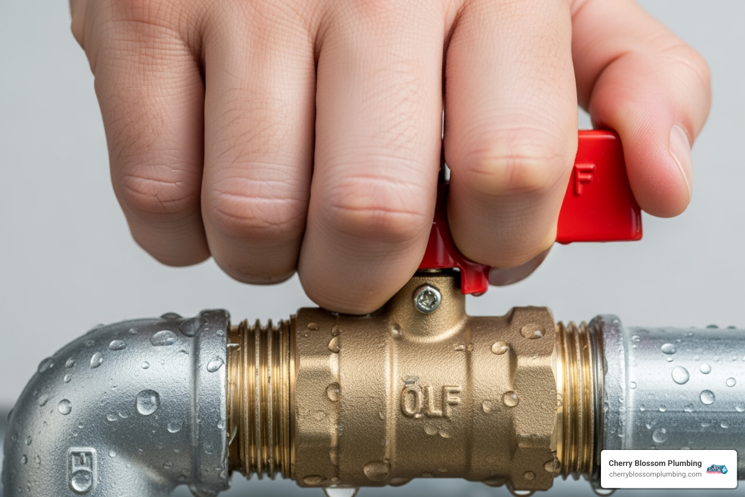 hand turning a red-handled ball valve to the off position - emergency water heater repair northern virginia