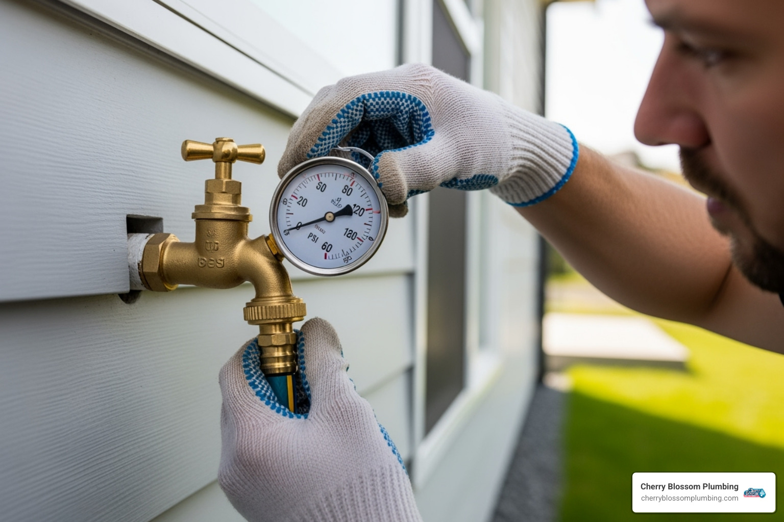 Homeowner attaching a water pressure gauge to an outdoor spigot - water pressure problems arlington va