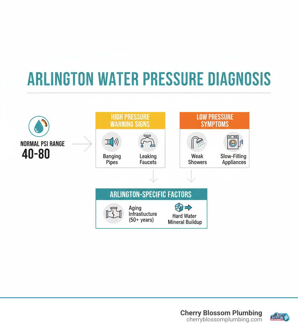 Detailed infographic showing Arlington water pressure diagnosis flowchart with normal PSI ranges 40-80, high pressure warning signs like banging pipes and leaking faucets, low pressure symptoms including weak showers and slow-filling appliances, plus Arlington-specific factors like aging infrastructure and hard water mineral buildup - water pressure problems arlington va infographic 