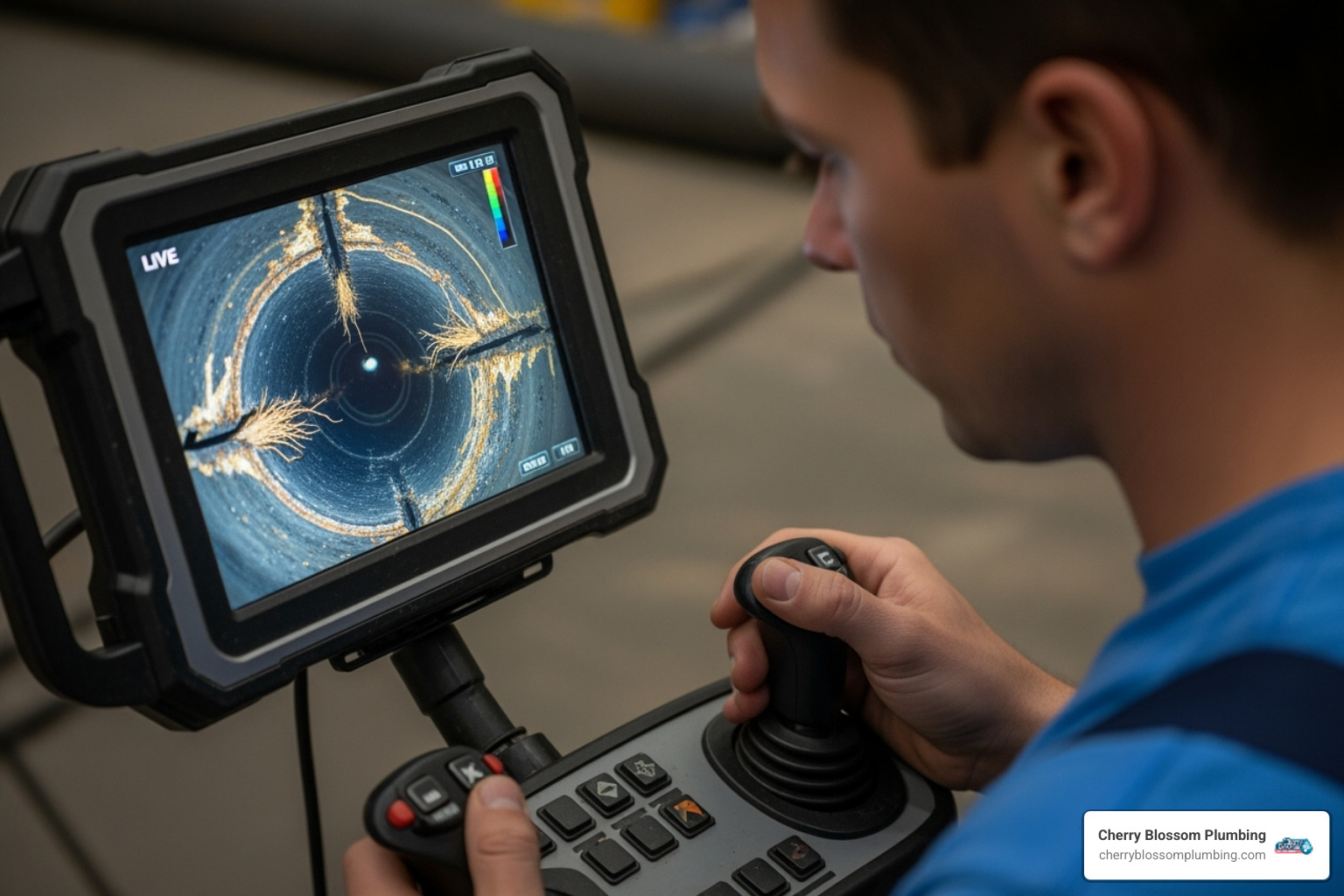 A plumber viewing a sewer camera inspection screen, showing clear images of pipe damage within a sewer line - trenchless sewer repair northern virginia